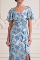 Laden Sie das Bild in den Galerie-Viewer, Graublaue Scheide V-Ausschnitt mit gerafften Flatterärmeln Maxi-Mutter-der-Braut-Kleid mit seitlichem Schlitz