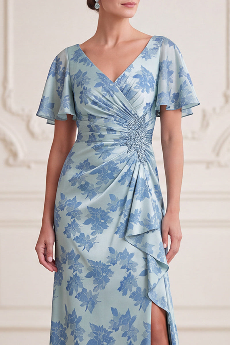 Laden Sie das Bild in den Galerie-Viewer, Graublaue Scheide V-Ausschnitt mit gerafften Flatterärmeln Maxi-Mutter-der-Braut-Kleid mit seitlichem Schlitz