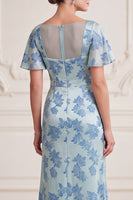 Laden Sie das Bild in den Galerie-Viewer, Graublaue Scheide V-Ausschnitt mit gerafften Flatterärmeln Maxi-Mutter-der-Braut-Kleid mit seitlichem Schlitz