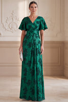 Laden Sie das Bild in den Galerie-Viewer, Dunkelgrüner A-Linien V-Ausschnitt Jacquard mit gerafften Flatterärmeln Maxi Mutter der Braut Kleid