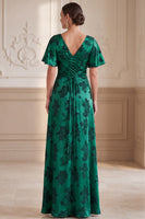 Laden Sie das Bild in den Galerie-Viewer, Dunkelgrüner A-Linien V-Ausschnitt Jacquard mit gerafften Flatterärmeln Maxi Mutter der Braut Kleid