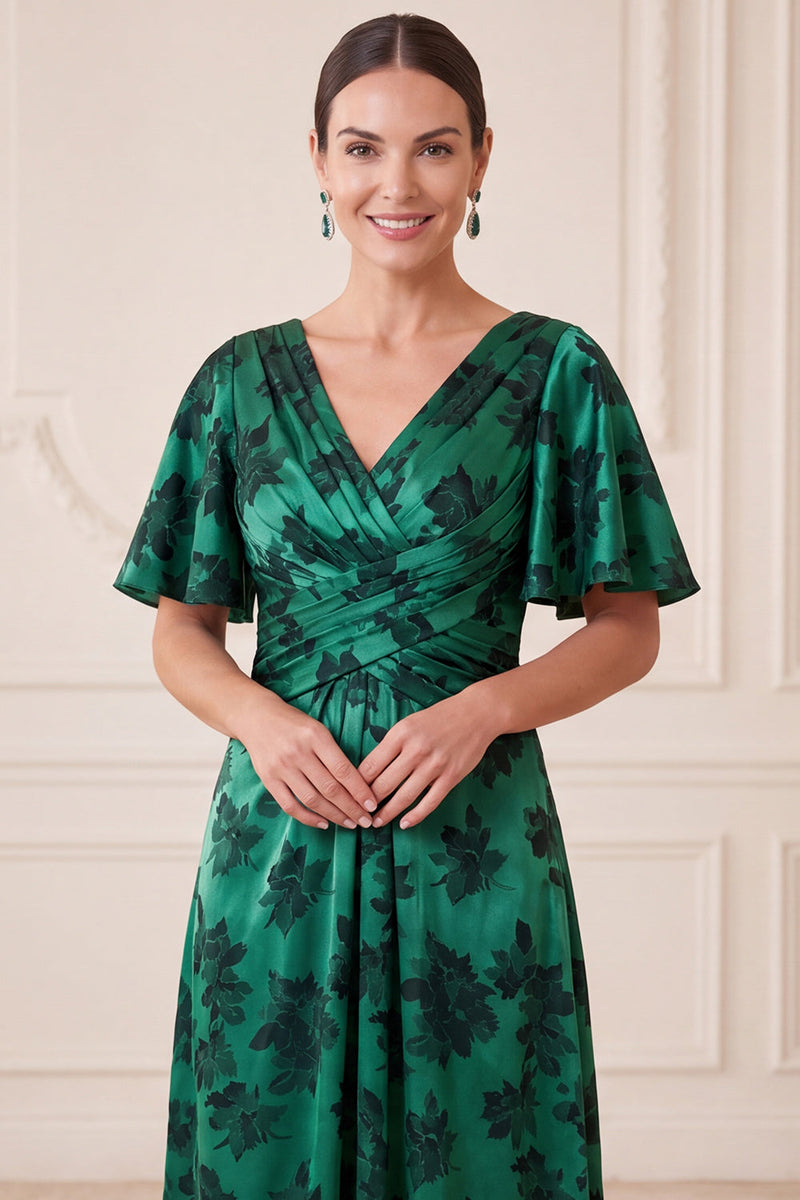 Laden Sie das Bild in den Galerie-Viewer, Dunkelgrüner A-Linien V-Ausschnitt Jacquard mit gerafften Flatterärmeln Maxi Mutter der Braut Kleid