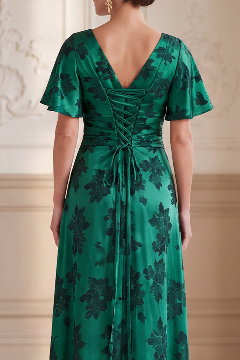 Laden Sie das Bild in den Galerie-Viewer, Dunkelgrüner A-Linien V-Ausschnitt Jacquard mit gerafften Flatterärmeln Maxi Mutter der Braut Kleid