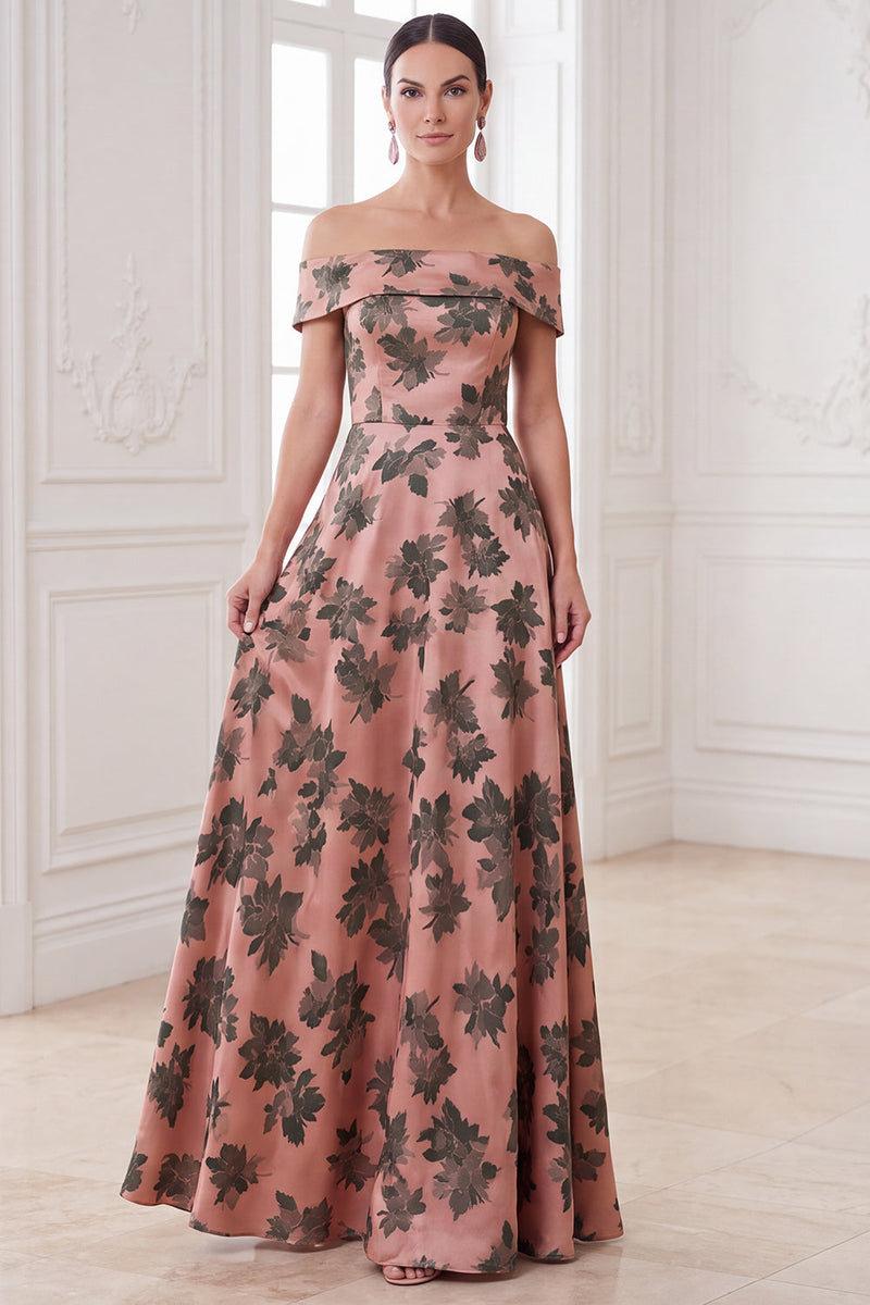 Laden Sie das Bild in den Galerie-Viewer, Orangefarbenes A-Linie-Maxi-Kleidung mit Off-the-shoulder-Muster Mother of the Bride