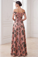 Laden Sie das Bild in den Galerie-Viewer, Orangefarbenes A-Linie-Maxi-Kleidung mit Off-the-shoulder-Muster Mother of the Bride