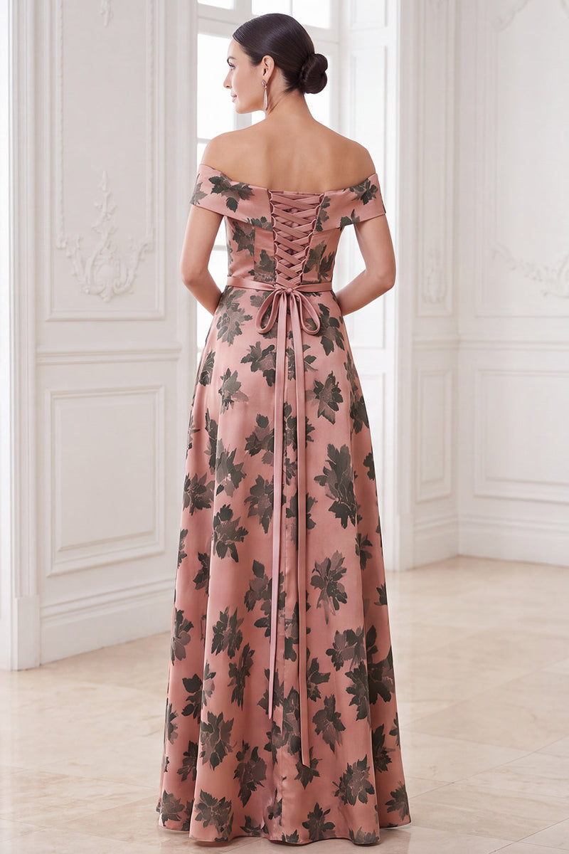 Laden Sie das Bild in den Galerie-Viewer, Orangefarbenes A-Linie-Maxi-Kleidung mit Off-the-shoulder-Muster Mother of the Bride