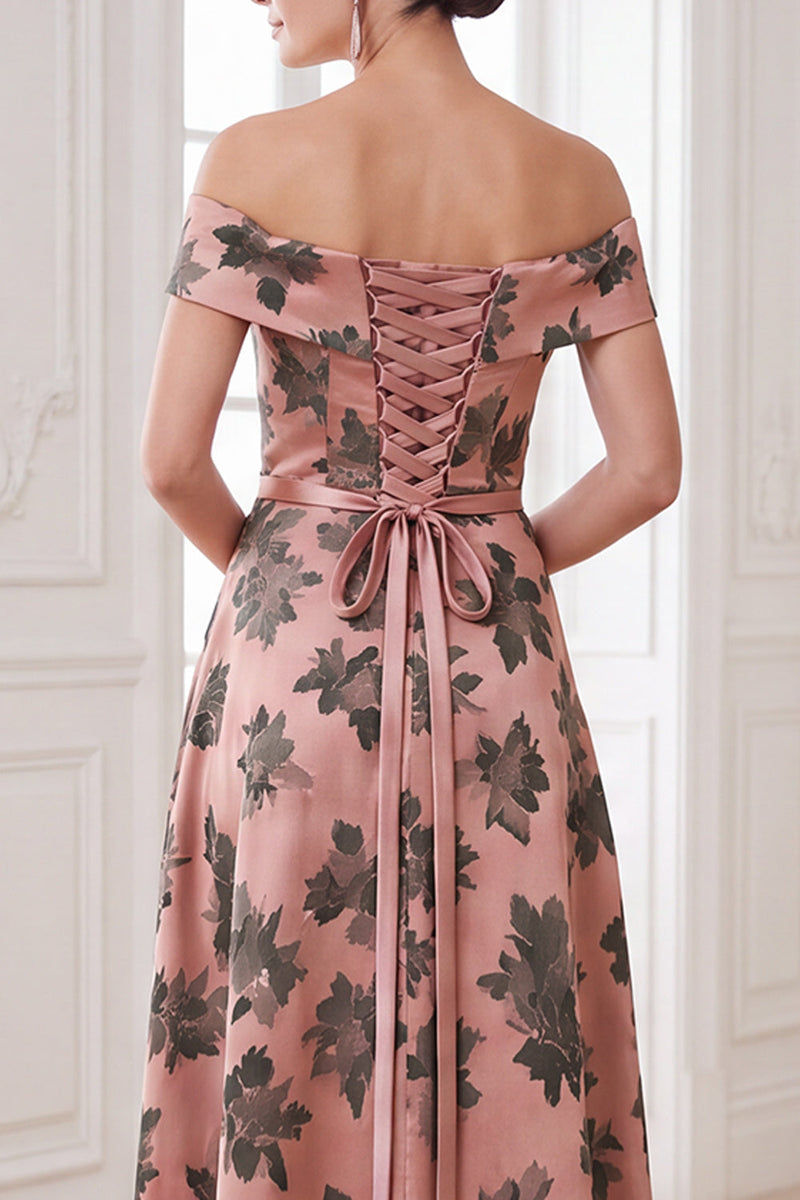 Laden Sie das Bild in den Galerie-Viewer, Orangefarbenes A-Linie-Maxi-Kleidung mit Off-the-shoulder-Muster Mother of the Bride