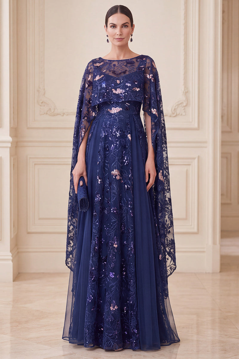 Laden Sie das Bild in den Galerie-Viewer, Marineblaue A-Linie Illusions-Pailletten-Maxi-Mutter-der-Braut-Kleid mit Umhang