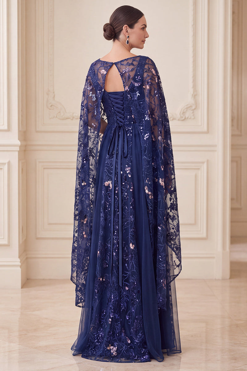 Laden Sie das Bild in den Galerie-Viewer, Marineblaue A-Linie Illusions-Pailletten-Maxi-Mutter-der-Braut-Kleid mit Umhang