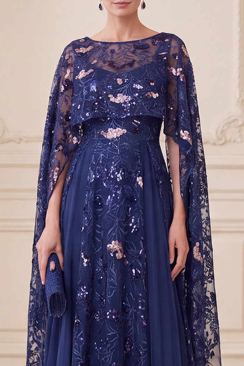 Laden Sie das Bild in den Galerie-Viewer, Marineblaue A-Linie Illusions-Pailletten-Maxi-Mutter-der-Braut-Kleid mit Umhang