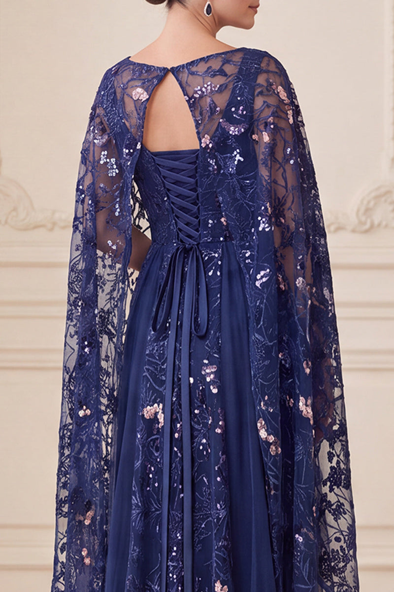 Laden Sie das Bild in den Galerie-Viewer, Marineblaue A-Linie Illusions-Pailletten-Maxi-Mutter-der-Braut-Kleid mit Umhang