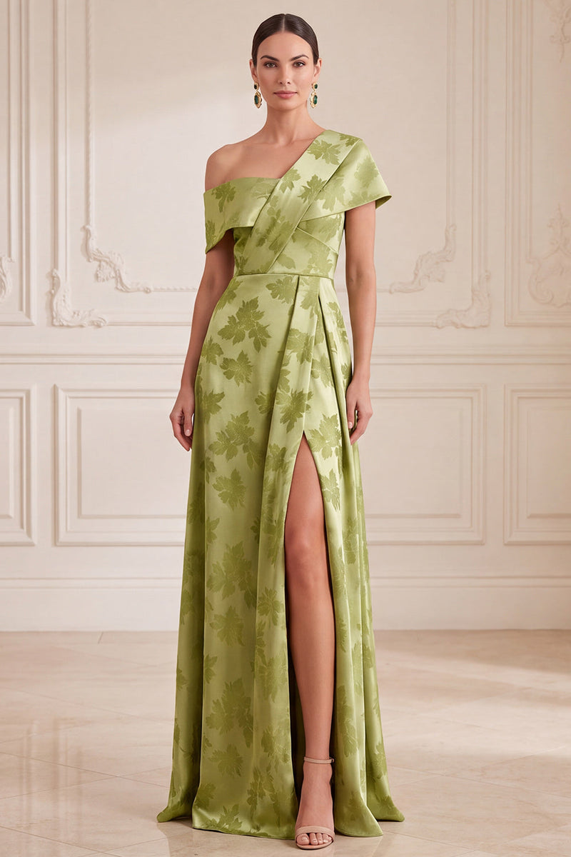 Laden Sie das Bild in den Galerie-Viewer, Ein grünes, asymmetrisches, einschulterbedrucktes Maxi-Mutter-der-Braut-Kleid mit seitlichem Schlitz