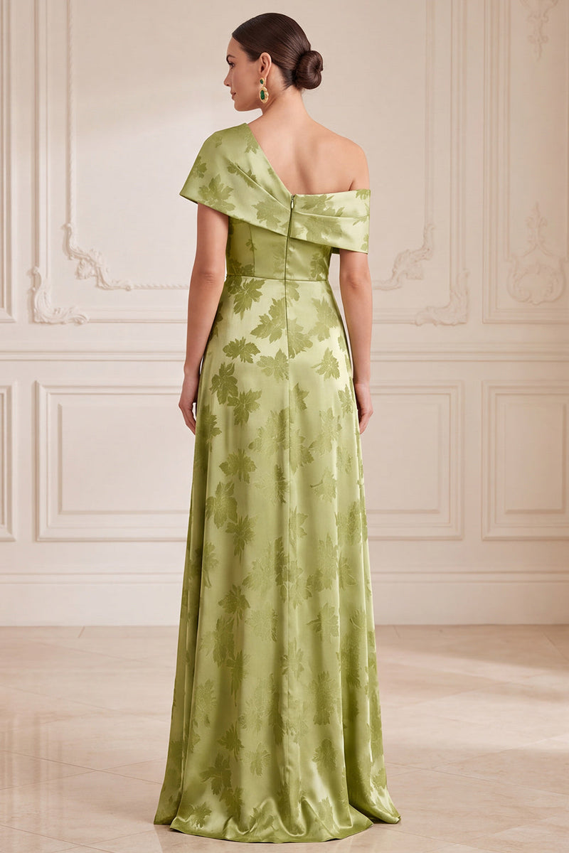 Laden Sie das Bild in den Galerie-Viewer, Ein grünes, asymmetrisches, einschulterbedrucktes Maxi-Mutter-der-Braut-Kleid mit seitlichem Schlitz