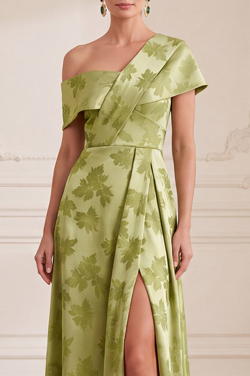 Laden Sie das Bild in den Galerie-Viewer, Ein grünes, asymmetrisches, einschulterbedrucktes Maxi-Mutter-der-Braut-Kleid mit seitlichem Schlitz