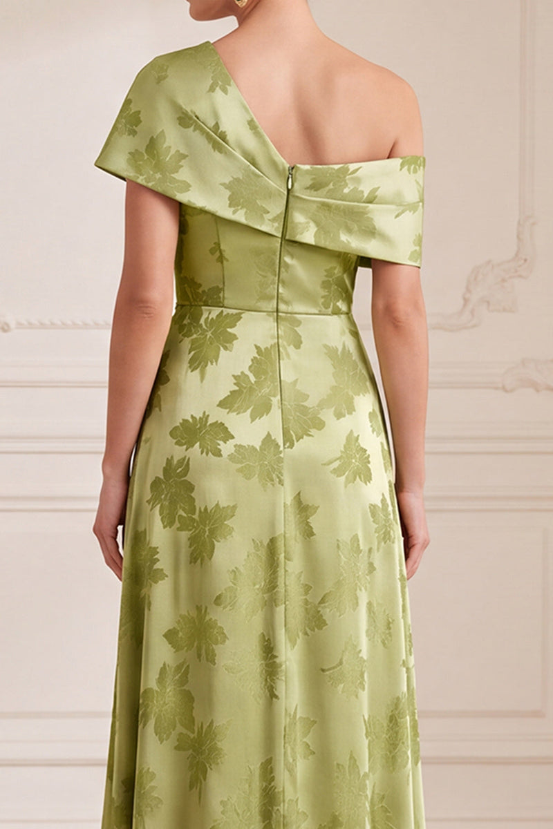 Laden Sie das Bild in den Galerie-Viewer, Ein grünes, asymmetrisches, einschulterbedrucktes Maxi-Mutter-der-Braut-Kleid mit seitlichem Schlitz