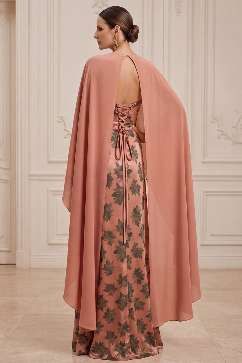 Laden Sie das Bild in den Galerie-Viewer, Orangefarbener Scheide mit Satin-Print Satin-Bootsausschnitt Kleid der Mutter der Braut mit Umhang