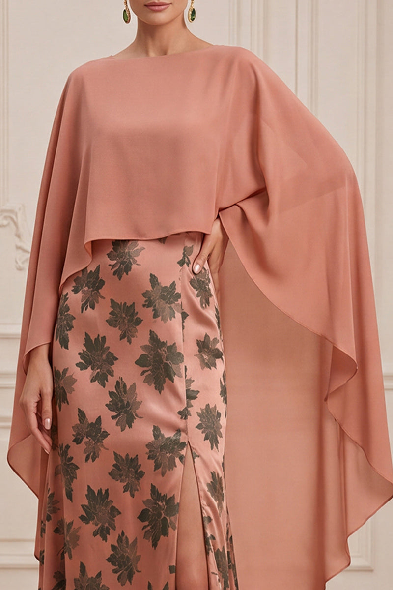 Laden Sie das Bild in den Galerie-Viewer, Orangefarbener Scheide mit Satin-Print Satin-Bootsausschnitt Kleid der Mutter der Braut mit Umhang