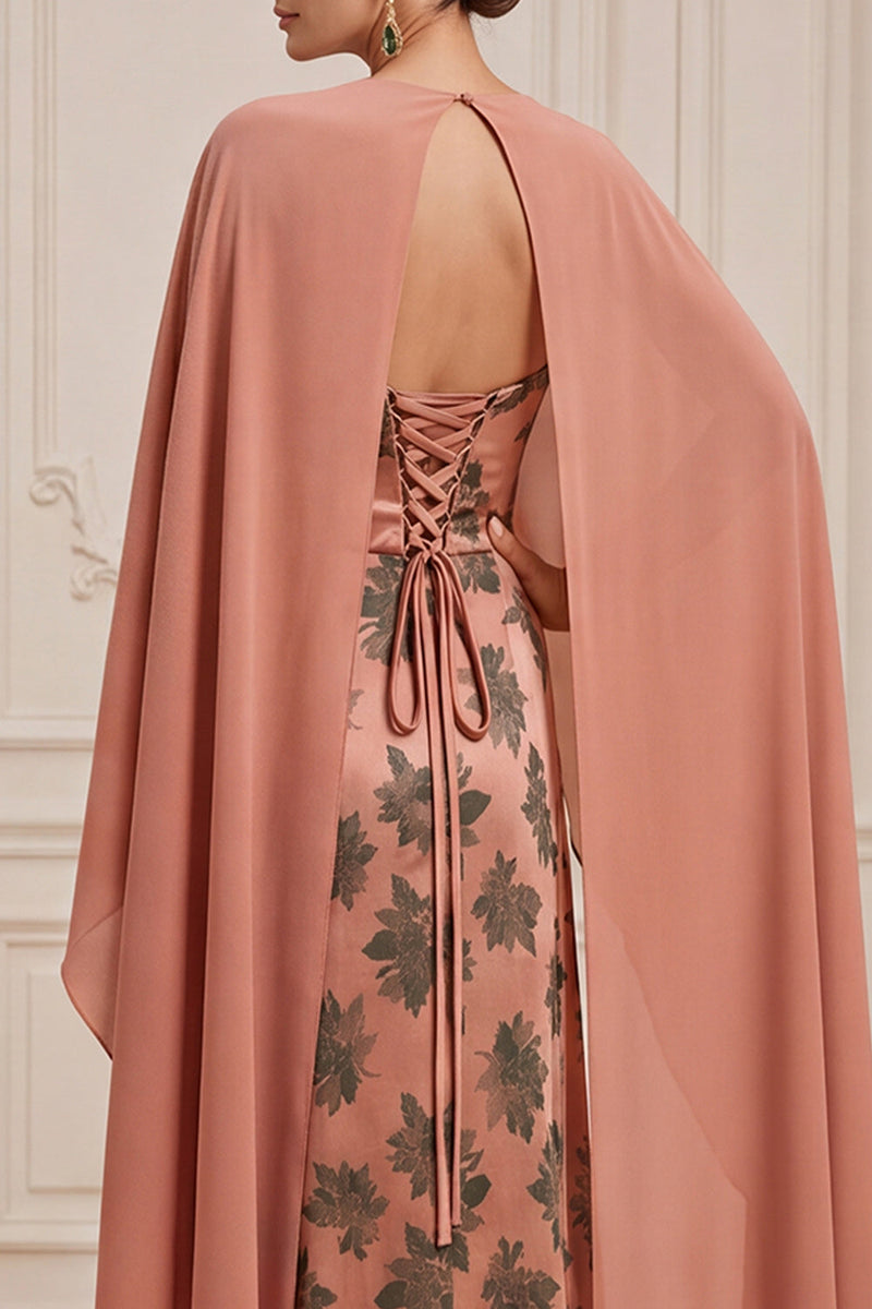 Laden Sie das Bild in den Galerie-Viewer, Orangefarbener Scheide mit Satin-Print Satin-Bootsausschnitt Kleid der Mutter der Braut mit Umhang