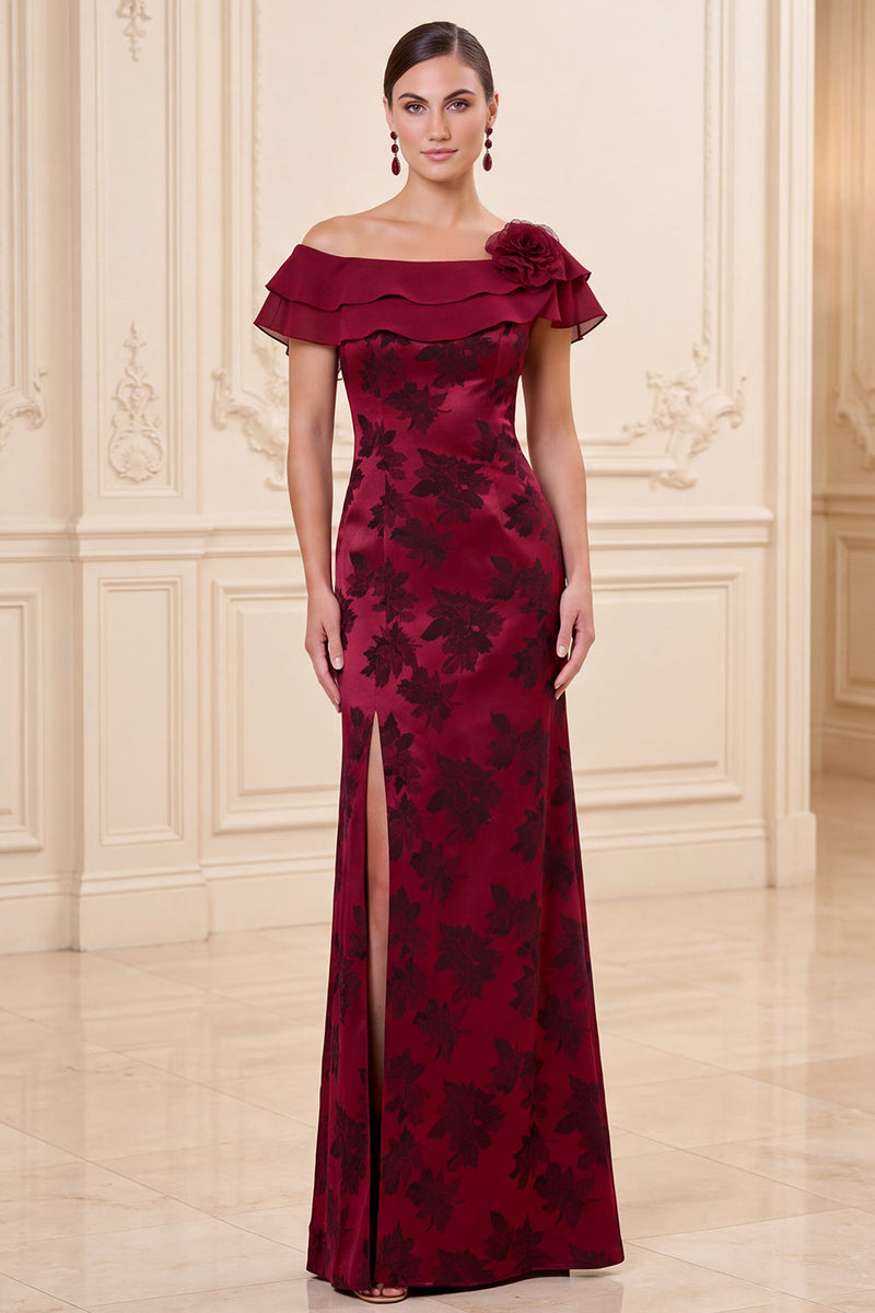 Laden Sie das Bild in den Galerie-Viewer, Burgunderrote Schulterscheide 3D-Blume Jacquard Langes Mutter-der-der-Braut-Kleid mit Schlitz