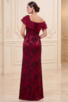 Laden Sie das Bild in den Galerie-Viewer, Burgunderrote Schulterscheide 3D-Blume Jacquard Langes Mutter-der-der-Braut-Kleid mit Schlitz