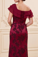 Laden Sie das Bild in den Galerie-Viewer, Burgunderrote Schulterscheide 3D-Blume Jacquard Langes Mutter-der-der-Braut-Kleid mit Schlitz