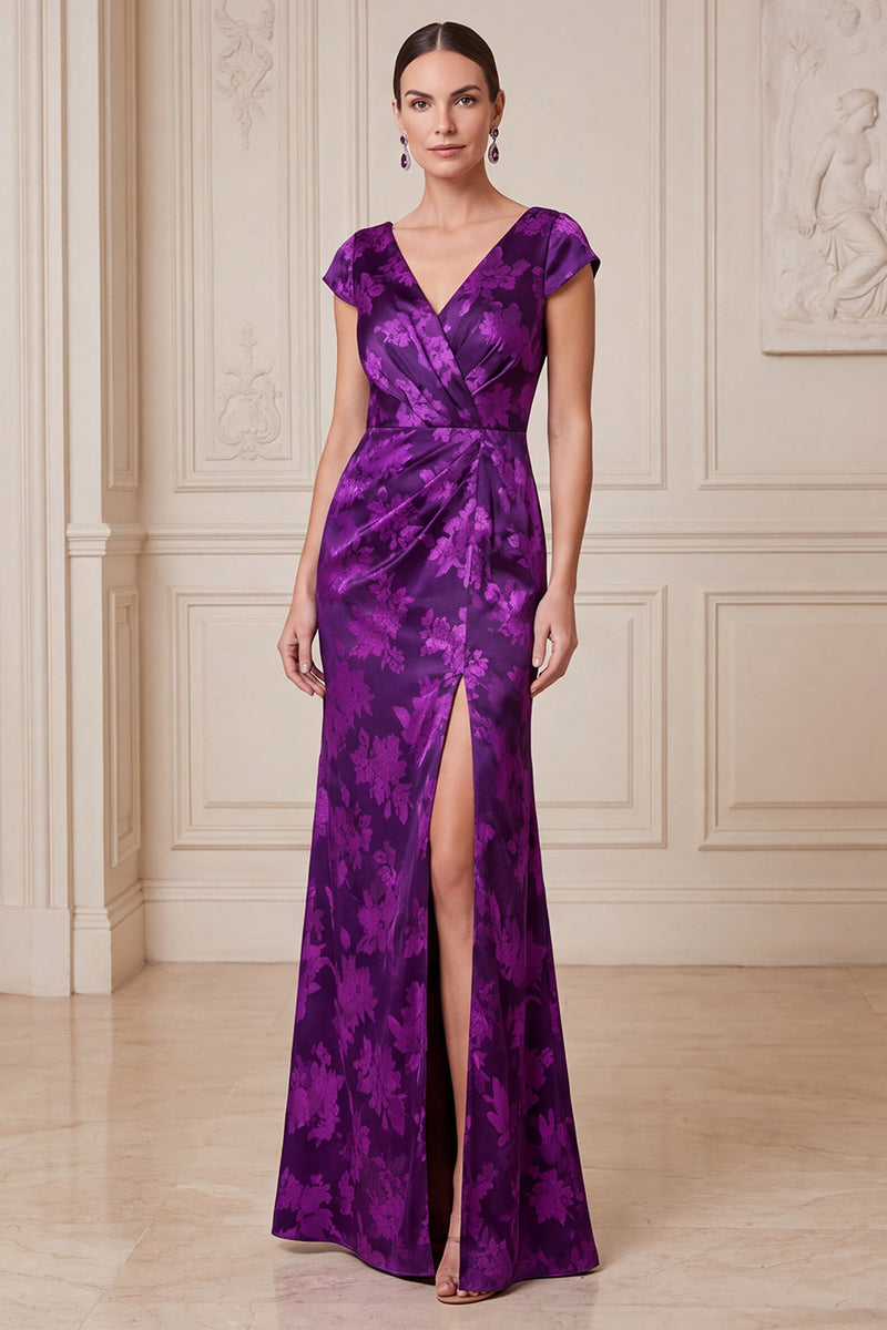 Laden Sie das Bild in den Galerie-Viewer, Dunkelviolette Scheide V-Ausschnitt Satin Jacquard Maxi Mutter der Braut mit Seitenschlitz