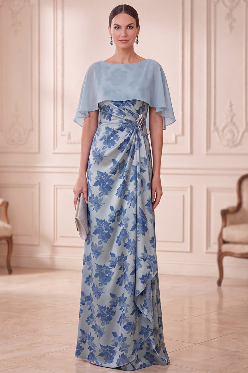Laden Sie das Bild in den Galerie-Viewer, Graublaues Scheiden-Bootshals-Muster mit gerafftem langen Mutter-der-der-Braut-Kleid mit Umhang