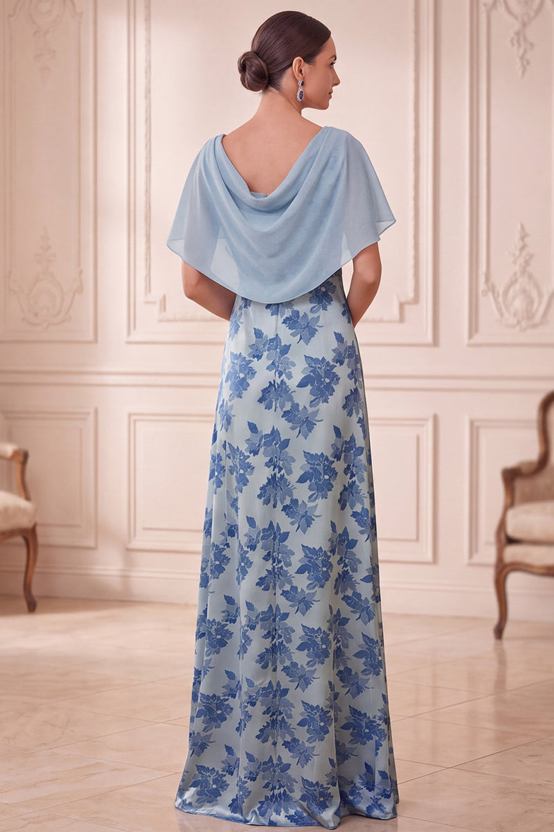 Laden Sie das Bild in den Galerie-Viewer, Graublaues Scheiden-Bootshals-Muster mit gerafftem langen Mutter-der-der-Braut-Kleid mit Umhang