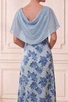 Laden Sie das Bild in den Galerie-Viewer, Graublaues Scheiden-Bootshals-Muster mit gerafftem langen Mutter-der-der-Braut-Kleid mit Umhang