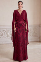 Laden Sie das Bild in den Galerie-Viewer, Burgunderrote V-Ausschnitt Jacquard Lange Mutter der Braut Kleid mit Umhang