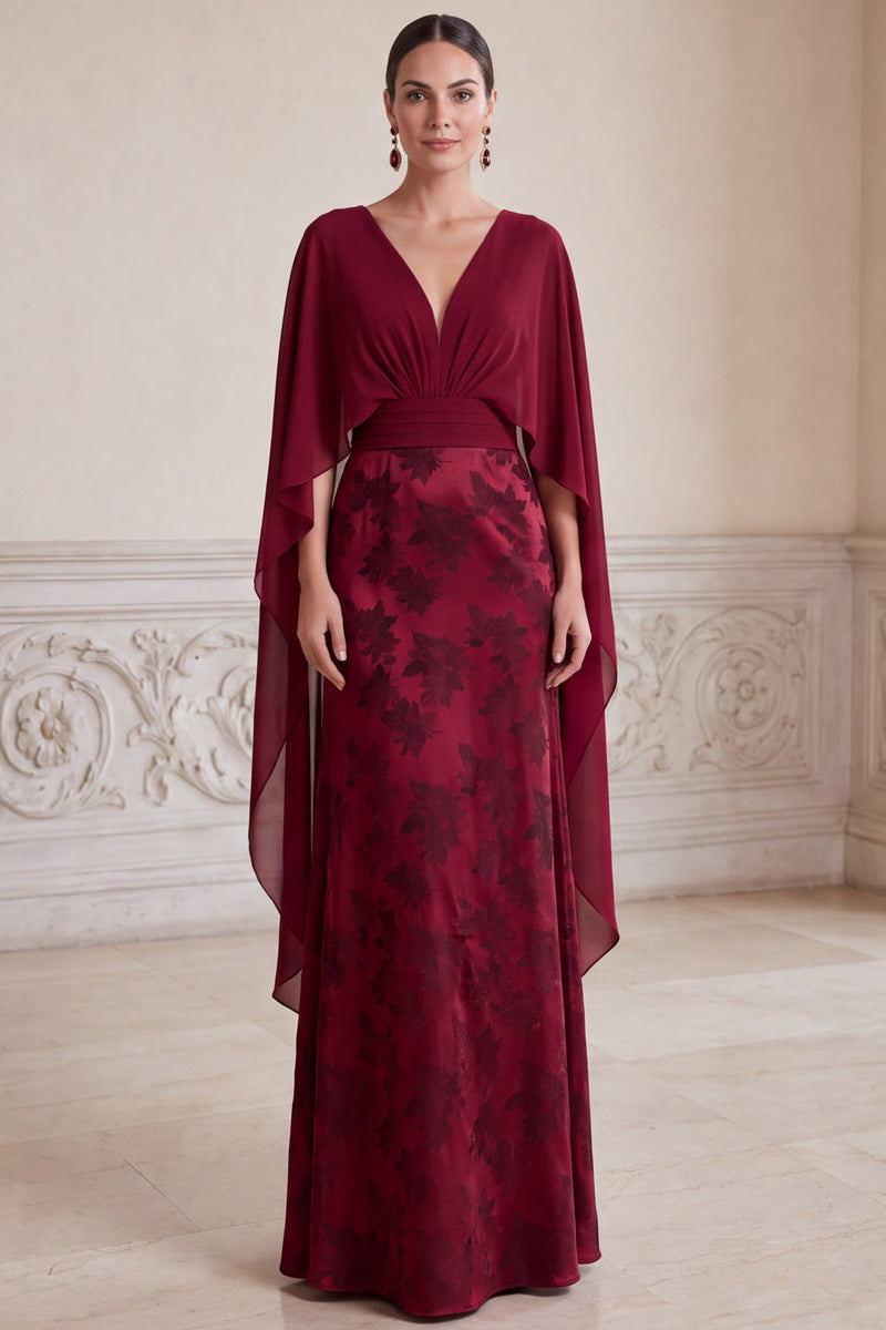 Laden Sie das Bild in den Galerie-Viewer, Burgunderrote V-Ausschnitt Jacquard Lange Mutter der Braut Kleid mit Umhang