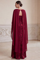 Laden Sie das Bild in den Galerie-Viewer, Burgunderrote V-Ausschnitt Jacquard Lange Mutter der Braut Kleid mit Umhang