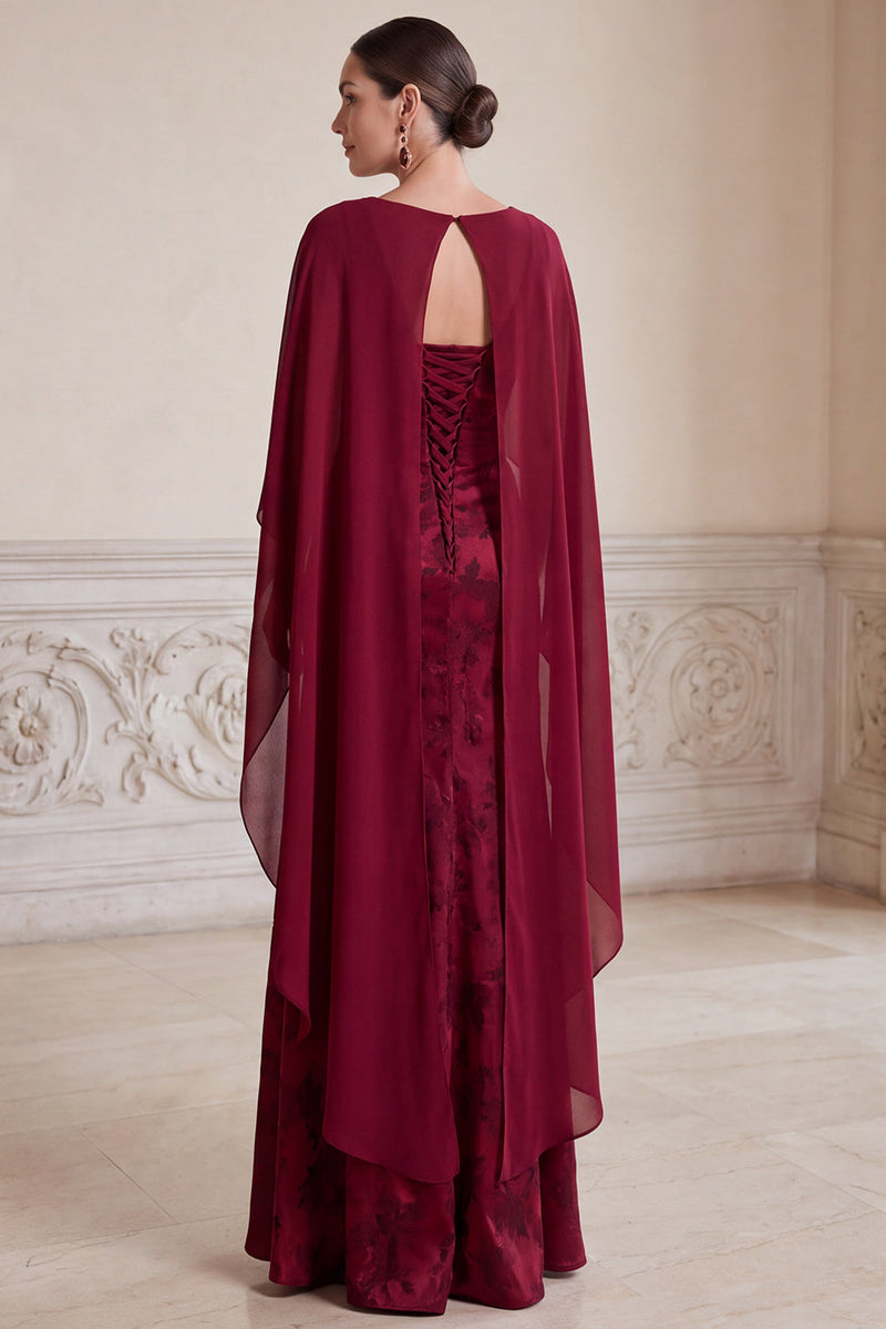 Laden Sie das Bild in den Galerie-Viewer, Burgunderrote V-Ausschnitt Jacquard Lange Mutter der Braut Kleid mit Umhang