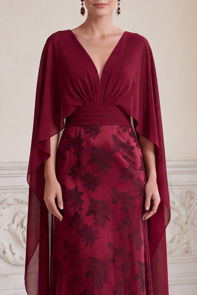 Laden Sie das Bild in den Galerie-Viewer, Burgunderrote V-Ausschnitt Jacquard Lange Mutter der Braut Kleid mit Umhang