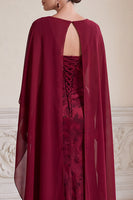 Laden Sie das Bild in den Galerie-Viewer, Burgunderrote V-Ausschnitt Jacquard Lange Mutter der Braut Kleid mit Umhang