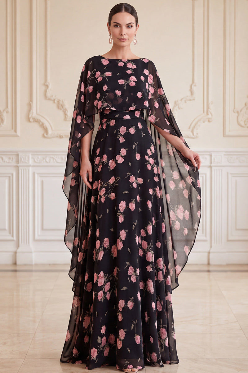 Laden Sie das Bild in den Galerie-Viewer, Schwarze, rosa Blume A-Linie Chiffon Bateau-Ausschnitt Maxi-Mutter-der-Braut-Kleid mit Umhang