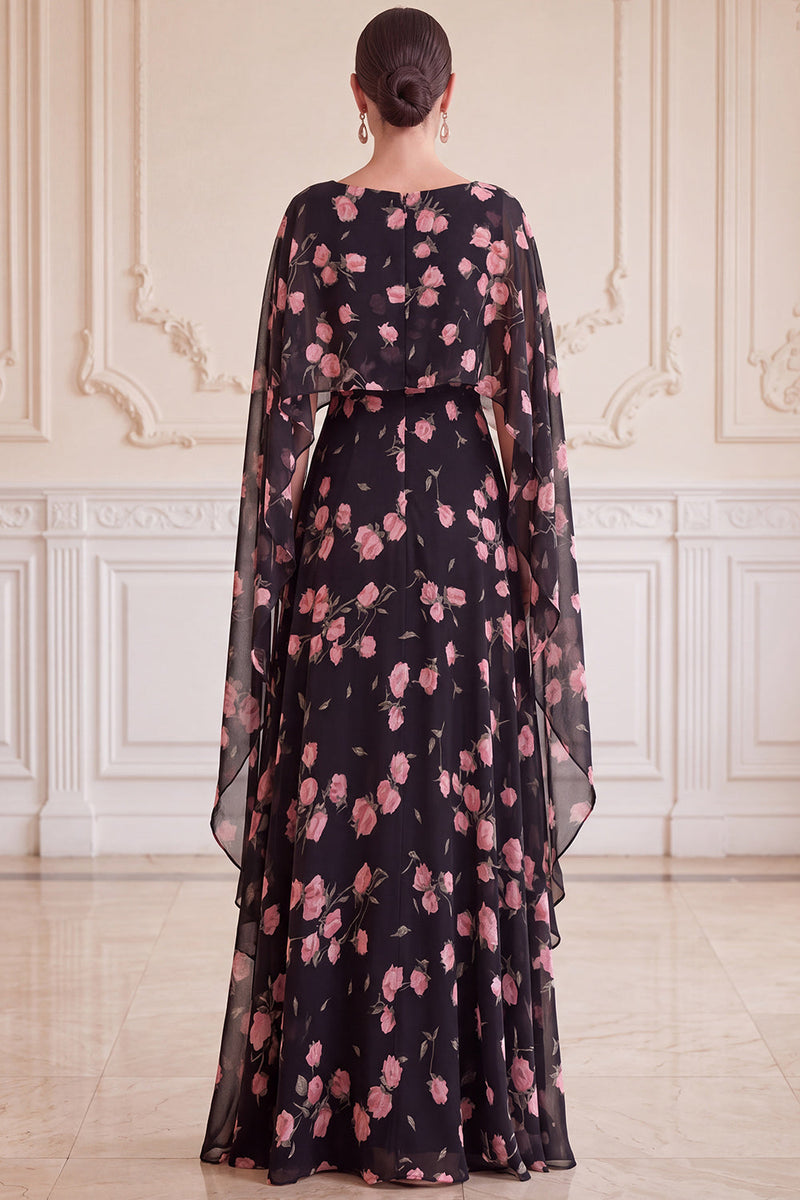 Laden Sie das Bild in den Galerie-Viewer, Schwarze, rosa Blume A-Linie Chiffon Bateau-Ausschnitt Maxi-Mutter-der-Braut-Kleid mit Umhang