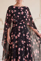 Laden Sie das Bild in den Galerie-Viewer, Schwarze, rosa Blume A-Linie Chiffon Bateau-Ausschnitt Maxi-Mutter-der-Braut-Kleid mit Umhang