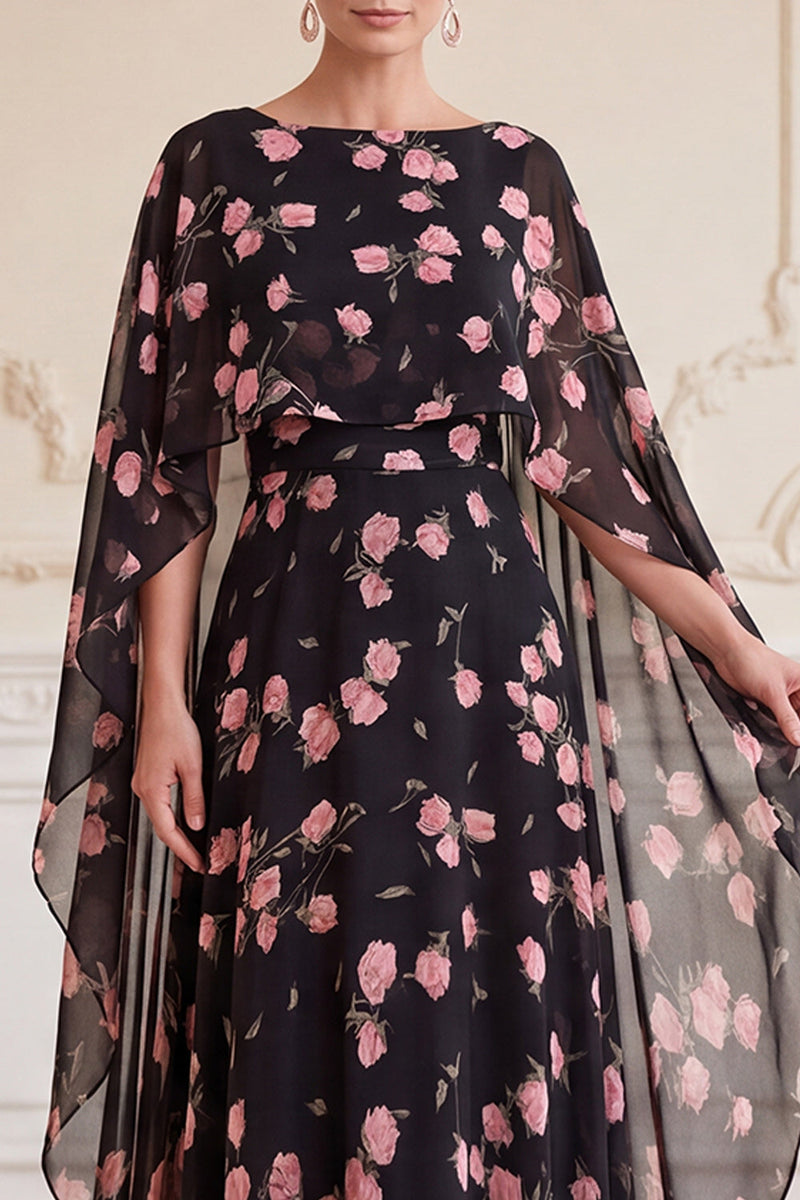 Laden Sie das Bild in den Galerie-Viewer, Schwarze, rosa Blume A-Linie Chiffon Bateau-Ausschnitt Maxi-Mutter-der-Braut-Kleid mit Umhang