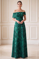 Laden Sie das Bild in den Galerie-Viewer, Dunkelgrüne A-Linie abseits der Schulter Jacquard asymmetrische Maxikleid Mutter der Braut