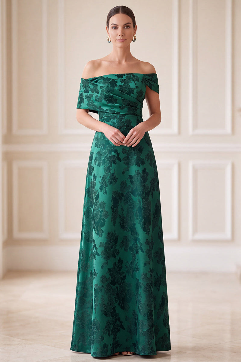 Laden Sie das Bild in den Galerie-Viewer, Dunkelgrüne A-Linie abseits der Schulter Jacquard asymmetrische Maxikleid Mutter der Braut