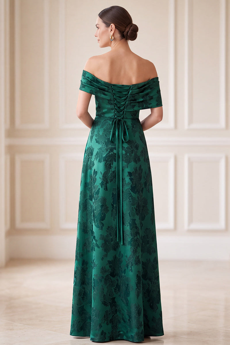 Laden Sie das Bild in den Galerie-Viewer, Dunkelgrüne A-Linie abseits der Schulter Jacquard asymmetrische Maxikleid Mutter der Braut