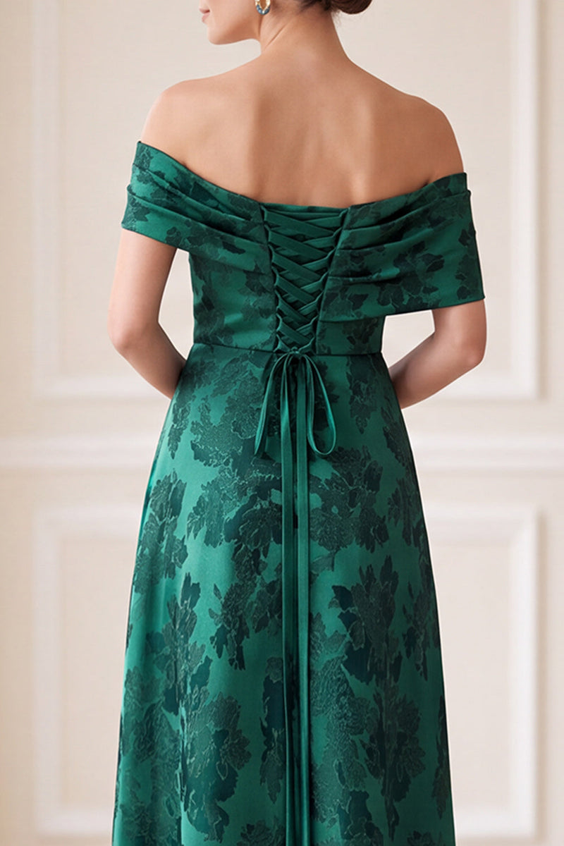 Laden Sie das Bild in den Galerie-Viewer, Dunkelgrüne A-Linie abseits der Schulter Jacquard asymmetrische Maxikleid Mutter der Braut