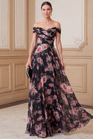 Laden Sie das Bild in den Galerie-Viewer, Schwarzes, pinkes A-Line-Off-the-shoulder-Muster Chiffon Maxi Mutter der Braut Kleid
