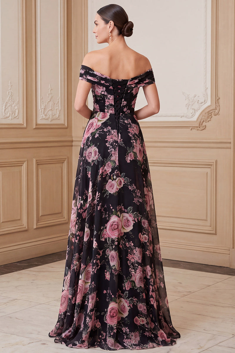 Laden Sie das Bild in den Galerie-Viewer, Schwarzes, pinkes A-Line-Off-the-shoulder-Muster Chiffon Maxi Mutter der Braut Kleid
