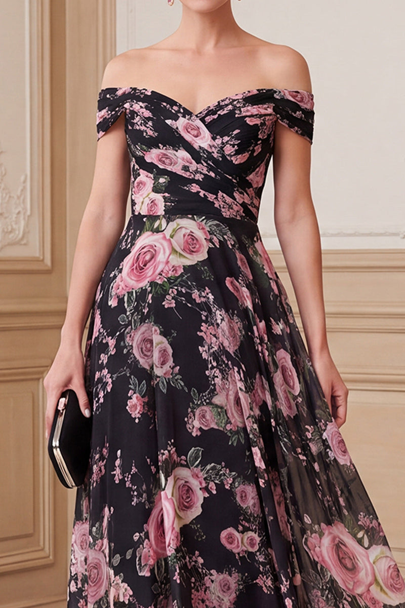 Laden Sie das Bild in den Galerie-Viewer, Schwarzes, pinkes A-Line-Off-the-shoulder-Muster Chiffon Maxi Mutter der Braut Kleid