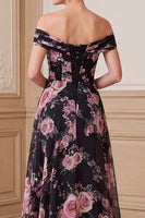 Laden Sie das Bild in den Galerie-Viewer, Schwarzes, pinkes A-Line-Off-the-shoulder-Muster Chiffon Maxi Mutter der Braut Kleid