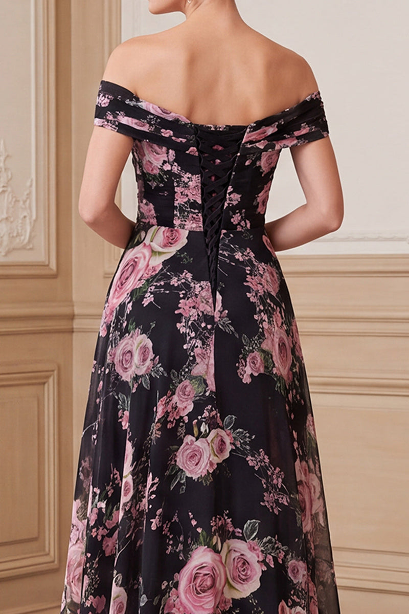 Laden Sie das Bild in den Galerie-Viewer, Schwarzes, pinkes A-Line-Off-the-shoulder-Muster Chiffon Maxi Mutter der Braut Kleid