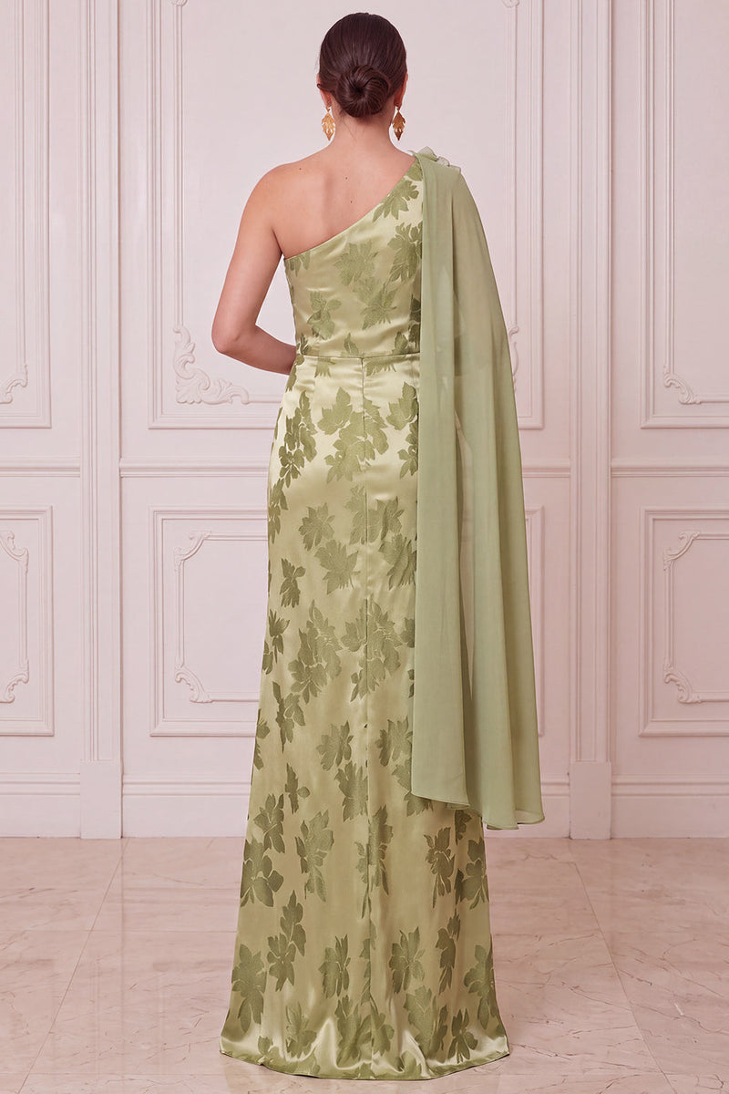 Laden Sie das Bild in den Galerie-Viewer, Grüne Scheide mit einer Schulter Chiffon-Umhang mit bedrucktem Maxi-Mutter-der-Braut-Kleid mit 3D-Blume
