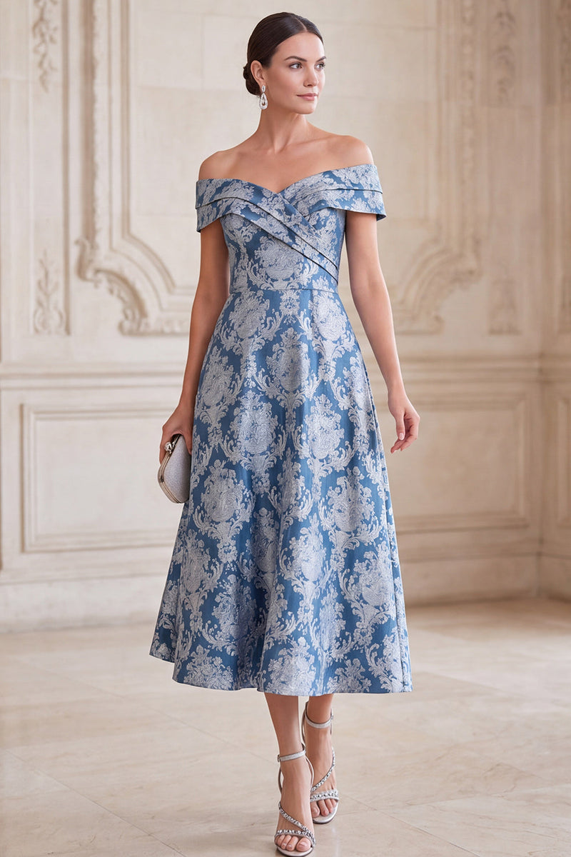 Laden Sie das Bild in den Galerie-Viewer, Graublaue A-Linie abseits der Schulter Jacquard Midi Mutter der Braut Kleid